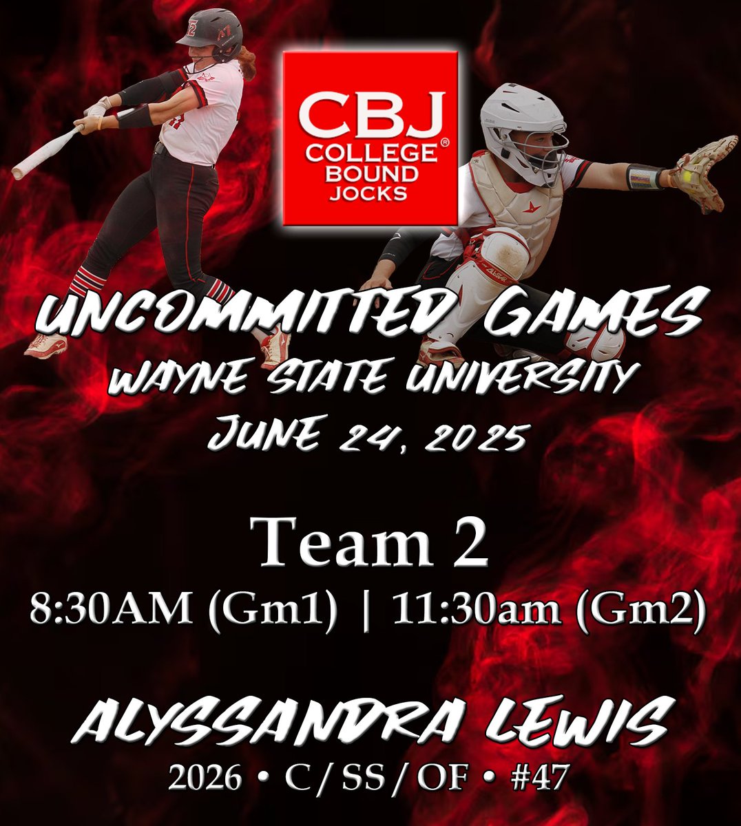 Excited for the opportunity to participate in the <a href="/CollegeBDJocks/">College Bound Jocks</a>  D2 Uncommitted Games tomorrow at Wayne State! All the games will be live streamed on the College Bound Jocks YouTube page, here's the info about my games!

<a href="/Turnin2W/">Turnin2 Wetherby</a> <a href="/Turnin2Softball/">Turnin2 Softball</a> <a href="/WayneStateSB/">Wayne State Softball</a> <a href="/DU_SBALL/">PANTHER SOFTBALL</a>