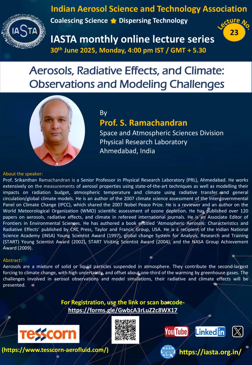 Indian Aerosol Science and Technology Association (@iastaindia) on Twitter photo Next talk for the <a href="/IastaIndia/">Indian Aerosol Science and Technology Association</a> lecture series will be given by another renowned Atmospheric Scientist Prof. S. Ramachandran from <a href="/PRLAhmedabad/">PRL Ahmedabad</a>.
All interested are welcome to attend and interact with the speaker.
Please save the date and time
30-June-2025 at 16:00 hrs IST Next talk for the <a href="/IastaIndia/">Indian Aerosol Science and Technology Association</a> lecture series will be given by another renowned Atmospheric Scientist Prof. S. Ramachandran from <a href="/PRLAhmedabad/">PRL Ahmedabad</a>.
All interested are welcome to attend and interact with the speaker.
Please save the date and time
30-June-2025 at 16:00 hrs IST