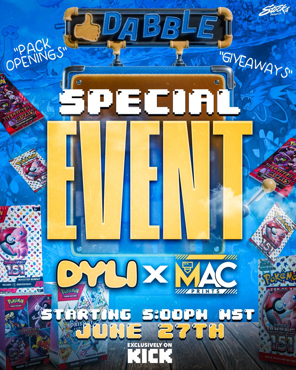 MAC Prints (@themacprints) on Twitter photo 🚨 THIS FRIDAY 🚨
We’re teaming up with the legends over at <a href="/dyli_io/">DYLI</a> for a Pokémon RIPPING PARTY you do NOT wanna miss 🔥
💥 Live Pokémon pack ripping
💥 Giveaways from us + our homies at <a href="/DrinkFreshenUp/">Freshen Up Energy</a> - <a href="/StocksGFX/">Stocks Design Co.</a>
💥 The DABBLE MACHINE is loaded and ready to start spinning 🚨 THIS FRIDAY 🚨
We’re teaming up with the legends over at <a href="/dyli_io/">DYLI</a> for a Pokémon RIPPING PARTY you do NOT wanna miss 🔥
💥 Live Pokémon pack ripping
💥 Giveaways from us + our homies at <a href="/DrinkFreshenUp/">Freshen Up Energy</a> - <a href="/StocksGFX/">Stocks Design Co.</a>
💥 The DABBLE MACHINE is loaded and ready to start spinning