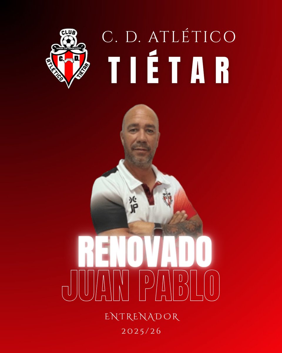 ClubTietar's tweet photo. ✅OFICIAL | @jpsch77, renovado.

El ilusionante proyecto 25/26 no podía empezar de otra manera que no fuese con la renovación del míster.

Será su octava temporada liderando este vestuario. Su compromiso, trabajo y sentimiento le avalan.

#NuestraHistoriaSeEscribeContigo https://t.co/rRawZlqh74