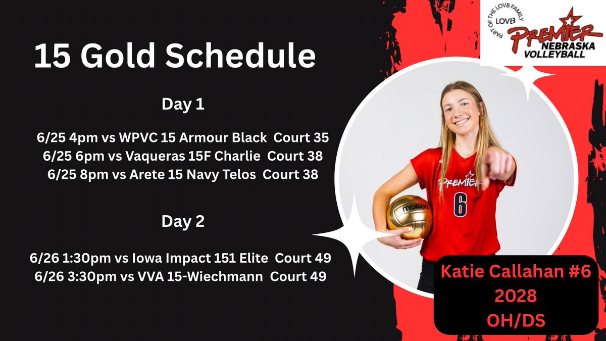 Katie Callahan (@callahankatie28) on Twitter photo Schedule for Day 1 and 2 at USAV Nationals in Dallas, TX. <a href="/Premier_15Gold/">Premier NE 15 Gold</a> <a href="/Premier_VB/">Premier Nebraska VB</a> <a href="/PrepDig_NE/">Prep Dig Nebraska</a> <a href="/VBAdrenaline/">VB Adrenaline</a> #premierproud #volleyball #classof2028 Schedule for Day 1 and 2 at USAV Nationals in Dallas, TX. <a href="/Premier_15Gold/">Premier NE 15 Gold</a> <a href="/Premier_VB/">Premier Nebraska VB</a> <a href="/PrepDig_NE/">Prep Dig Nebraska</a> <a href="/VBAdrenaline/">VB Adrenaline</a> #premierproud #volleyball #classof2028