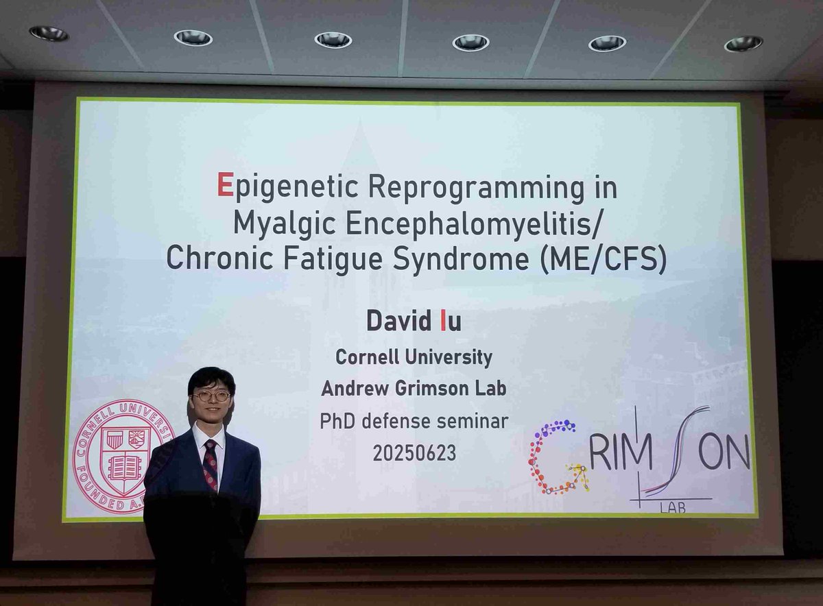 DrMaureenHanson's tweet image. Today David Iu, a PhD student in Andrew Grimson's lab at the Cornell ME/CFS Center, passed his thesis exam. As well as co-authoring several published papers already, David will be completing another manuscript on immune cells in ME.