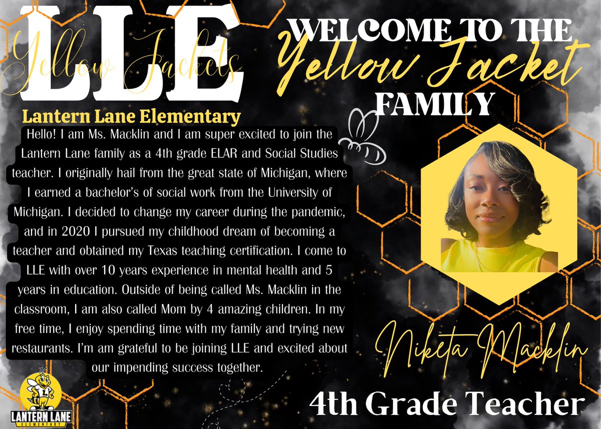 Lantern Lane Elementary (@llyellowjackets) on Twitter photo We are excited to have Ms. Macklin joining our 4th grade team and LLE Family!! <a href="/FortBendISD/">Fort Bend ISD</a> <a href="/Justin_Kowrach/">Justin Kowrach</a> We are excited to have Ms. Macklin joining our 4th grade team and LLE Family!! <a href="/FortBendISD/">Fort Bend ISD</a> <a href="/Justin_Kowrach/">Justin Kowrach</a>