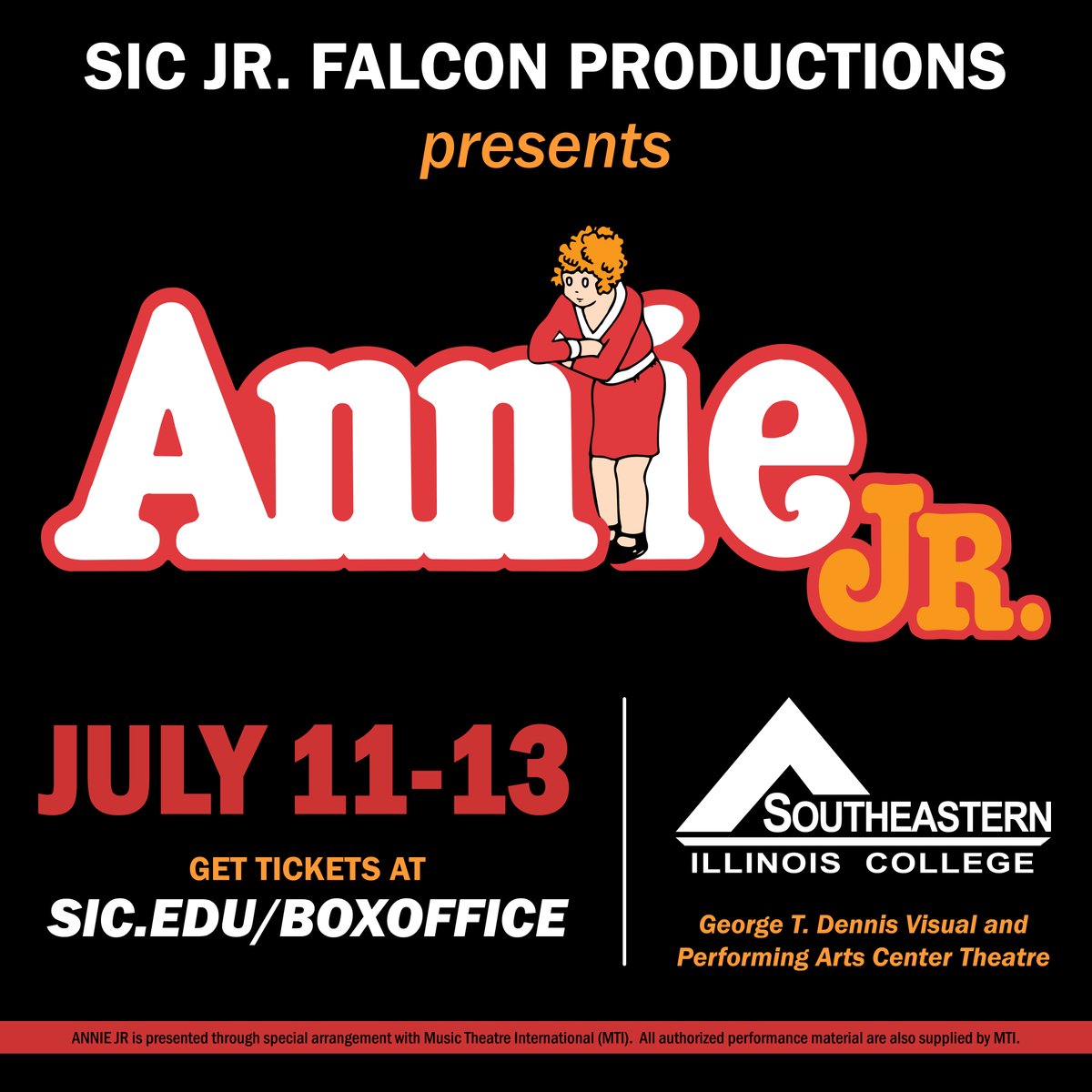 🎭 Catch Annie Jr. July 11–13 at SIC!
Performed by K–9th grade students 🎤
🎟️ Get tickets: sic.edu/boxoffice
🗓️ 4 shows, 2 casts: Easy Street &amp; Tomorrow
#SoutheasternIllinoisCollege #AnnieJr