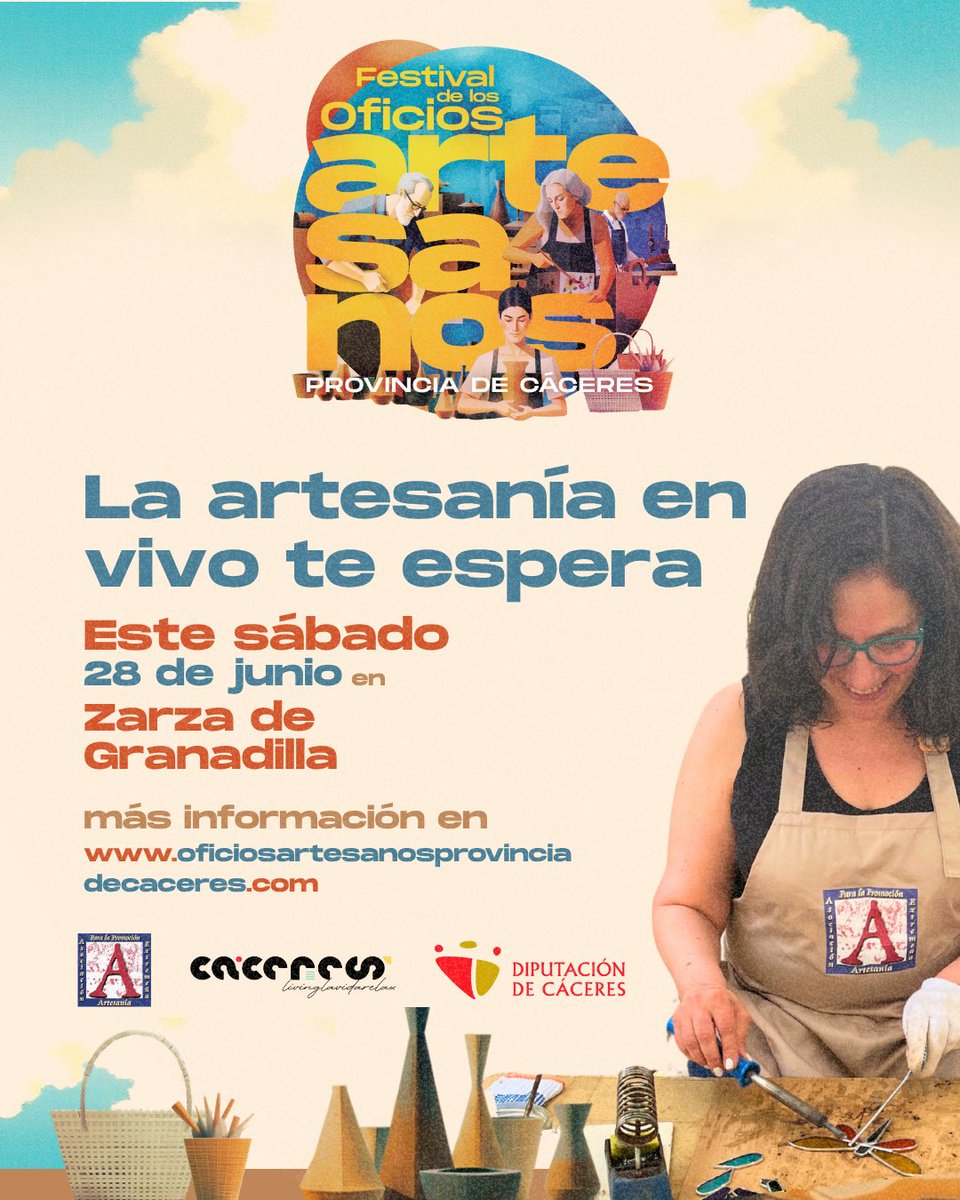 🤲✨ La artesanía en vivo te espera este sábado 28 de junio en #ZarzadeGranadilla
🎨 Talleres, masterclass, pasacalles y venta directa en el Festival de los #OficiosArtesanos de la #ProvinciadeCáceres

👉 oficiosartesanosprovinciadecaceres.com