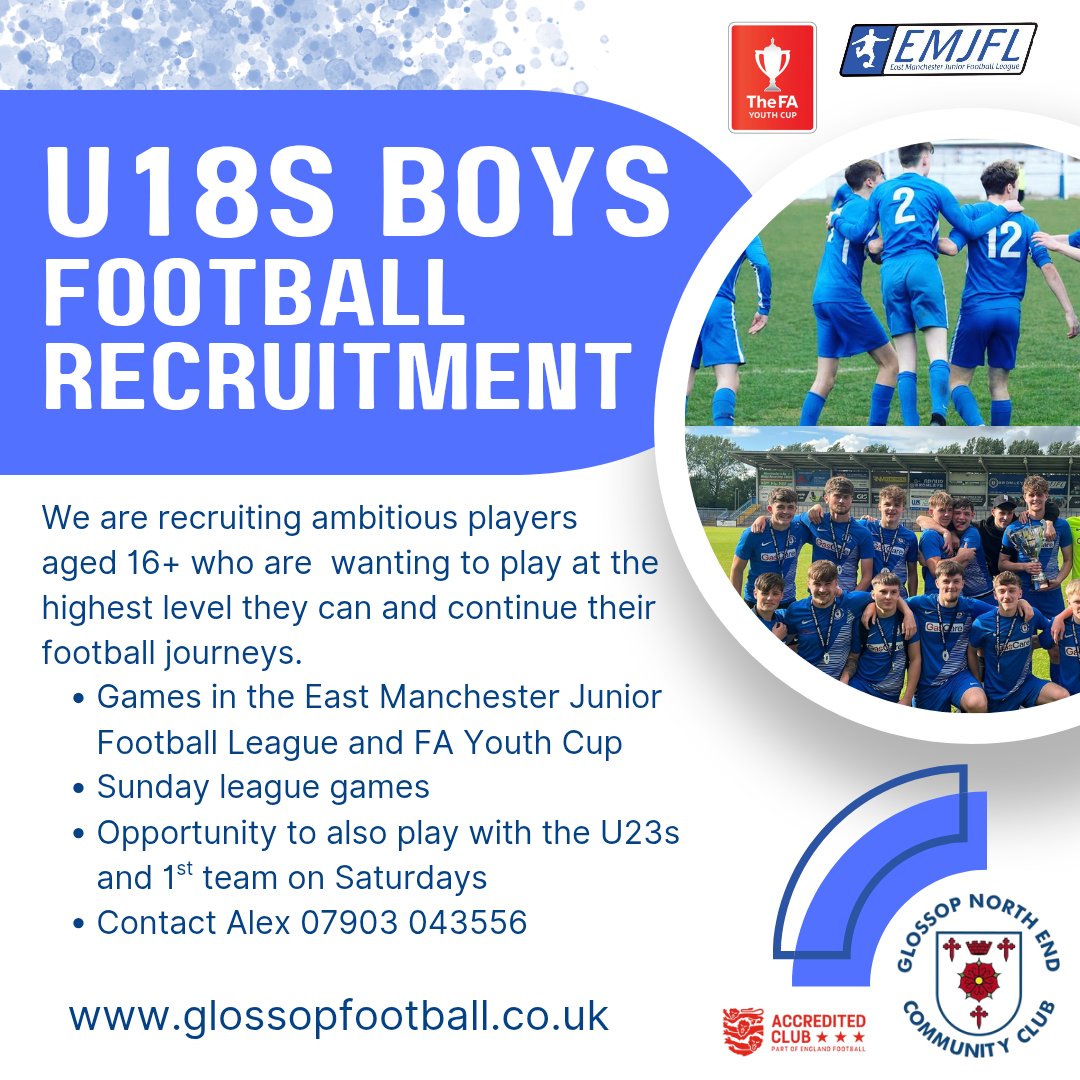 glossopfootball's tweet photo. 🚨 UNDER 18s RECRUITMENT

We're looking for ambitious players aged 16+ ready to step up and progress in their football journey.

⚽ EMJFL &amp; FA Youth Cup
📆 Sunday games
📈 U23s &amp; 1st Team opportunities

📲 Contact Alex: 07903 043556

#LoveTheGame #PlayForYourTown #Glossop https://t.co/kspe7I0YmM