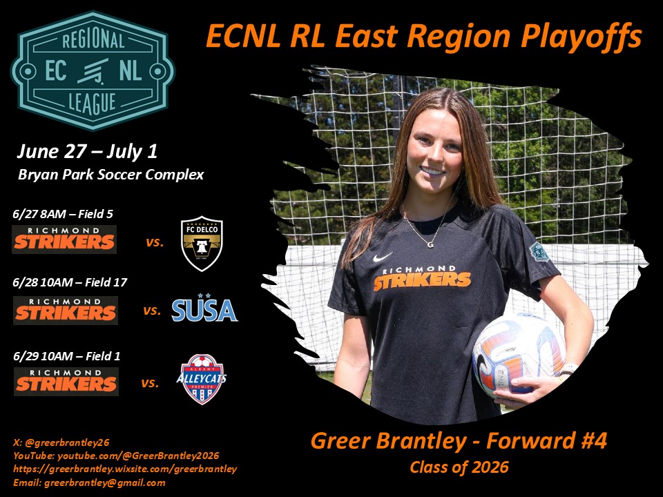 Greer Brantley 2026 Soccer (@greerbrantley26) on Twitter photo Excited for ECNL RL regional playoffs in Greensboro this weekend! Come watch us play 6/27-7/1 at Bryan Park Soccer Complex! <a href="/ImYouthSoccer/">ECNL/GA/Recruiting/College Soccer</a> <a href="/ImCollegeSoccer/">College Soccer Truth ™</a> <a href="/TheSoccerWire/">SoccerWire</a> <a href="/PrepSoccer/">Prep Soccer ⚽️</a> <a href="/prepsoccerroddy/">Roddy Nieto</a> <a href="/TopDrawerSoccer/">TopDrawerSoccer</a> <a href="/ECNLgirls/">ECNL Girls</a> <a href="/RStrikersClub/">Richmond Strikers</a> Excited for ECNL RL regional playoffs in Greensboro this weekend! Come watch us play 6/27-7/1 at Bryan Park Soccer Complex! <a href="/ImYouthSoccer/">ECNL/GA/Recruiting/College Soccer</a> <a href="/ImCollegeSoccer/">College Soccer Truth ™</a> <a href="/TheSoccerWire/">SoccerWire</a> <a href="/PrepSoccer/">Prep Soccer ⚽️</a> <a href="/prepsoccerroddy/">Roddy Nieto</a> <a href="/TopDrawerSoccer/">TopDrawerSoccer</a> <a href="/ECNLgirls/">ECNL Girls</a> <a href="/RStrikersClub/">Richmond Strikers</a>