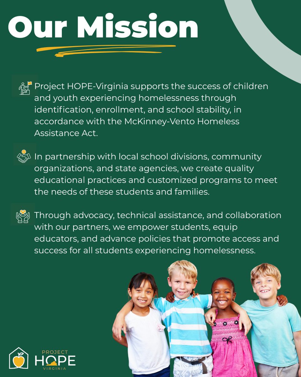 At Project HOPE-VA, every student matters—no matter their housing situation. We partner with schools and communities to support youth experiencing homelessness with enrollment, advocacy, and more. Learn about our mission: bit.ly/45imF2Q