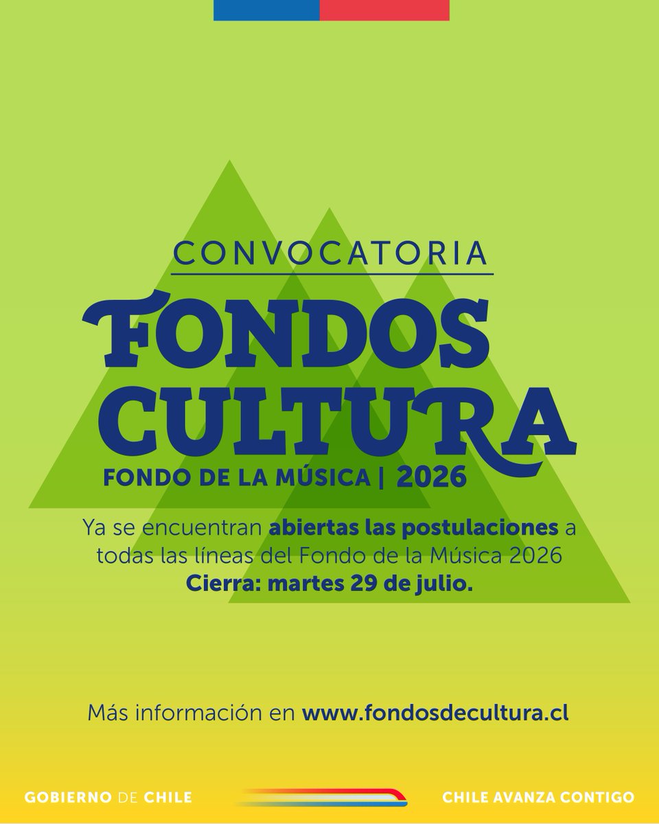 El Fondo de la Música abre su postulación desde este lunes 23 de junio hasta el martes 29 de julio.

⚠️ Recuerda que este año las convocatorias de los demás fondos se abrirán en fechas diferenciadas.

📅 Revisa el calendario en 👉 fondosdecultura.cl