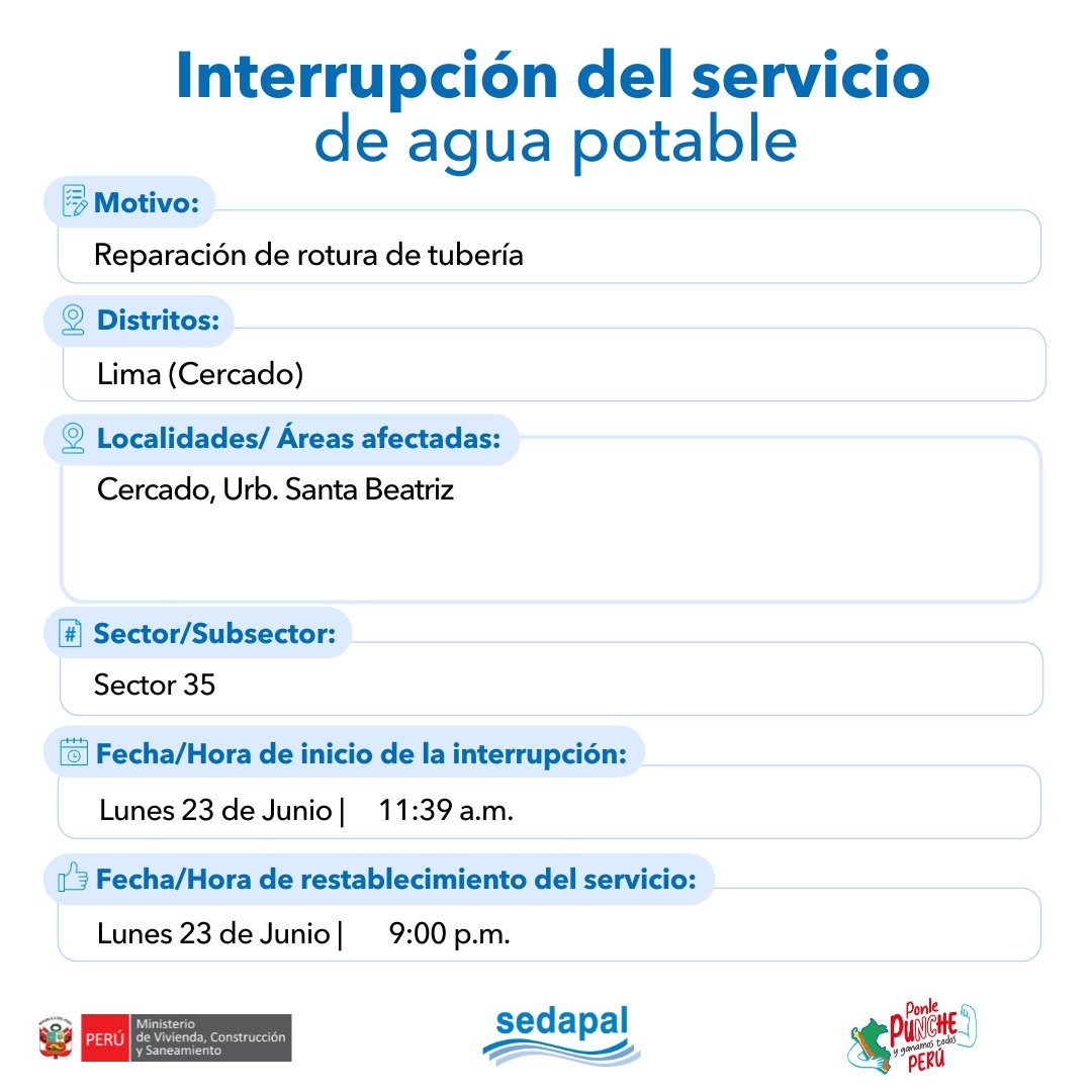 SedapalOficial's tweet photo. 🚨 #LoÚltimo | ¡Atención vecinos de #LimaCercado! #Sedapal atiende una emergencia imprevista por lo que se interrumpirá parcialmente el servicio de agua en algunos sectores. Más detalles aquí 📷#InterrupciónDelServicio https://t.co/R2nVX6iSwv