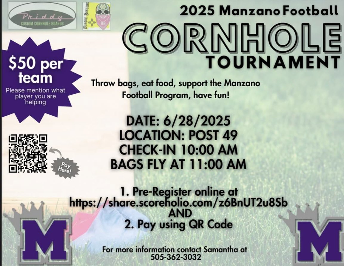 ManzanoFB's tweet image. 🎯 This Saturday at 11 AM!
Come out and support Manzano Football at our Cornhole Fundraiser at Post 49!
Great competition, adult beverages, and good vibes — all for a great cause. Bring your friends and family! #Ubuntu #MonarchPride #CornholeForACause