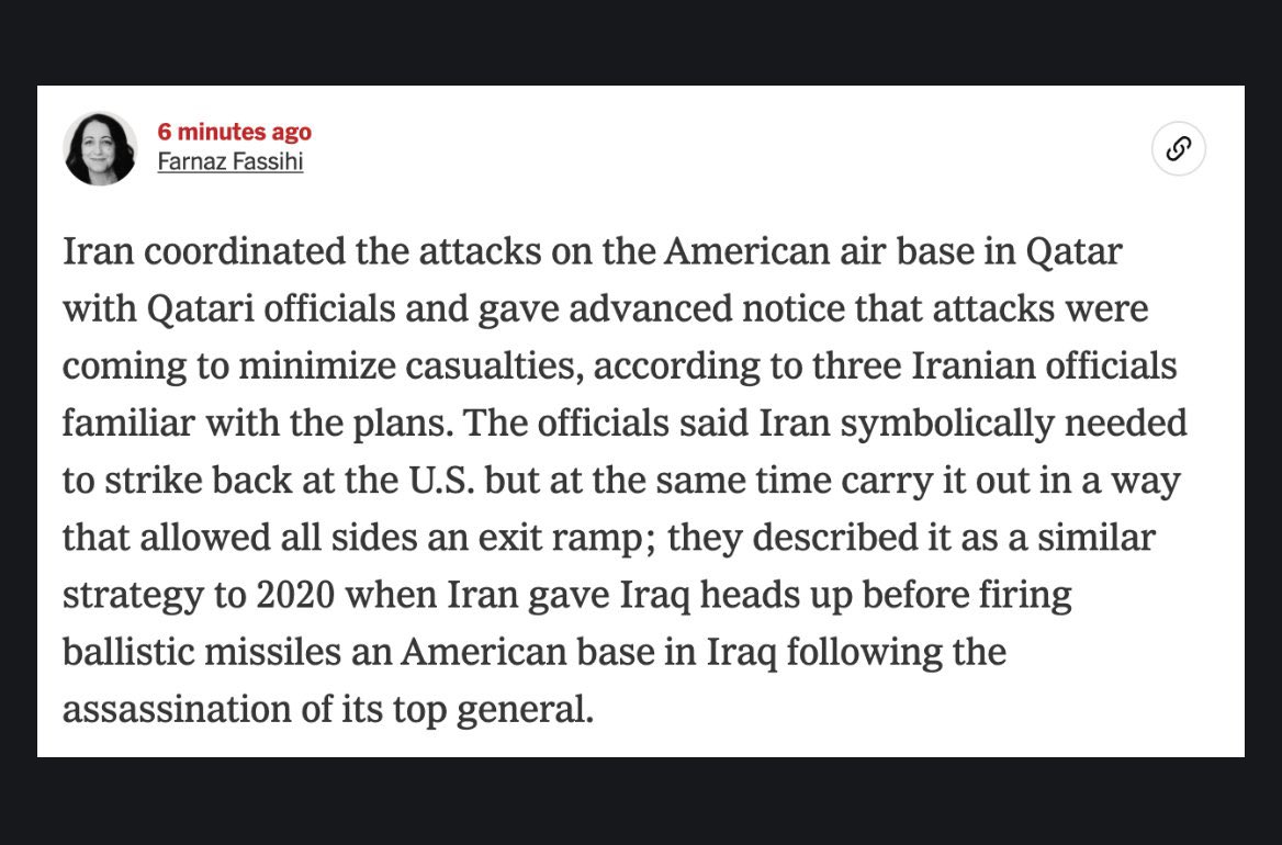 Angry_Staffer's tweet image. Iran coordinated with Qatar in advance. 

That’s good news, as long as Trump accepts the off ramp. Let Iran claim the victory at home and get back to negotiating.