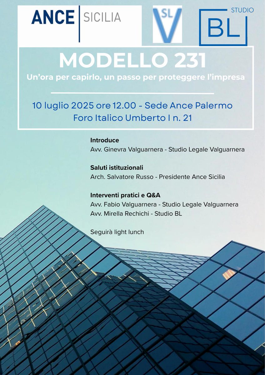 Modello 231. Un’ora per capirlo, un passo per proteggere l’impresa – Foro Italico Umberto I n.21 – 10 luglio 2025 – Ore 12:00

sicilia.ance.it/2025/06/23/mod…