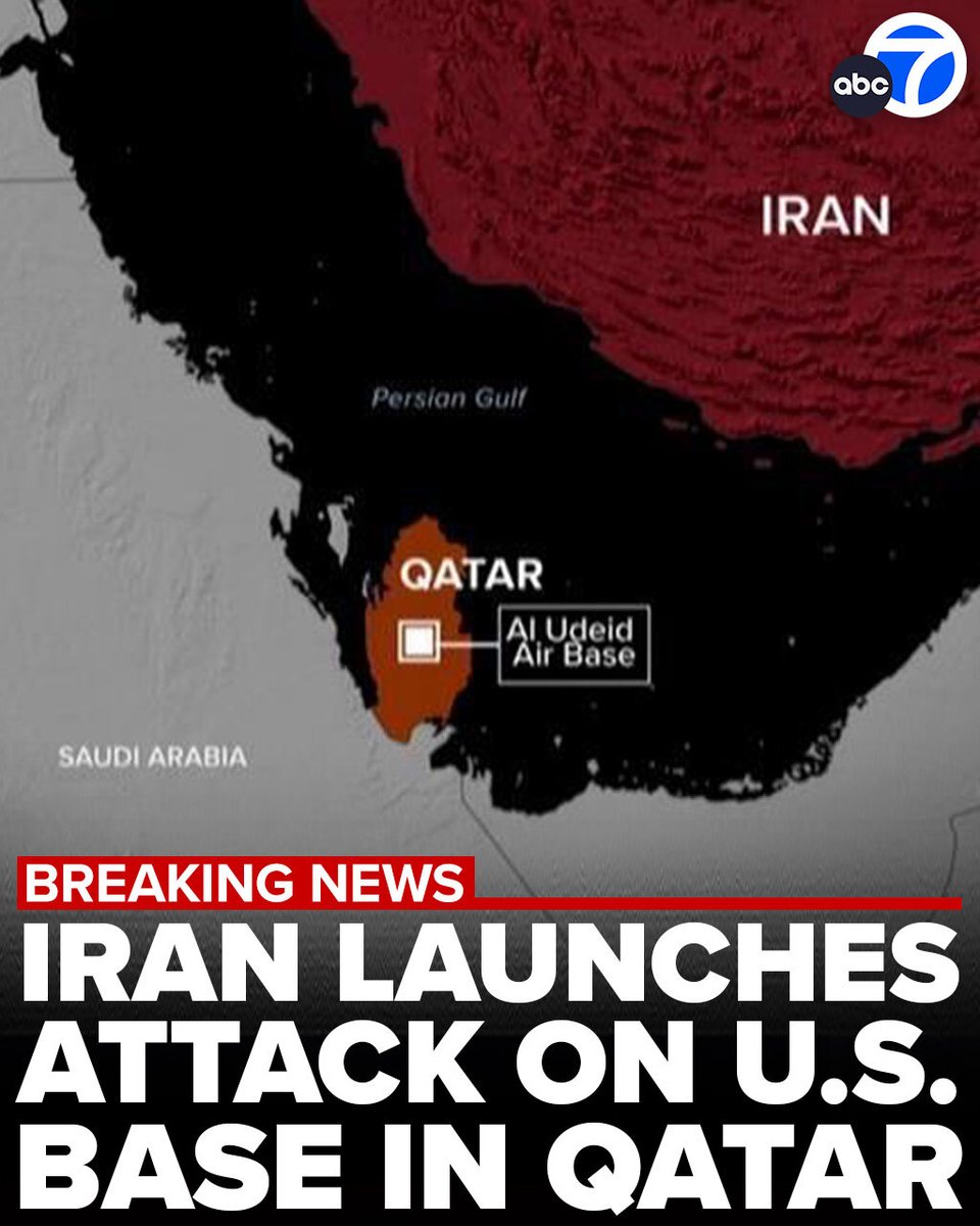 ABC7's tweet photo. #BREAKINGNEWS: Iran launched missile attacks Monday on U.S. military bases in Qatar and Iraq, retaliating for the American bombing of its nuclear sites and escalating tensions in the volatile region.

The Qatari Defense Ministry said they successfully intercepted a missile attack targeting a U.S. base. https://t.co/HjsJR0fLz0