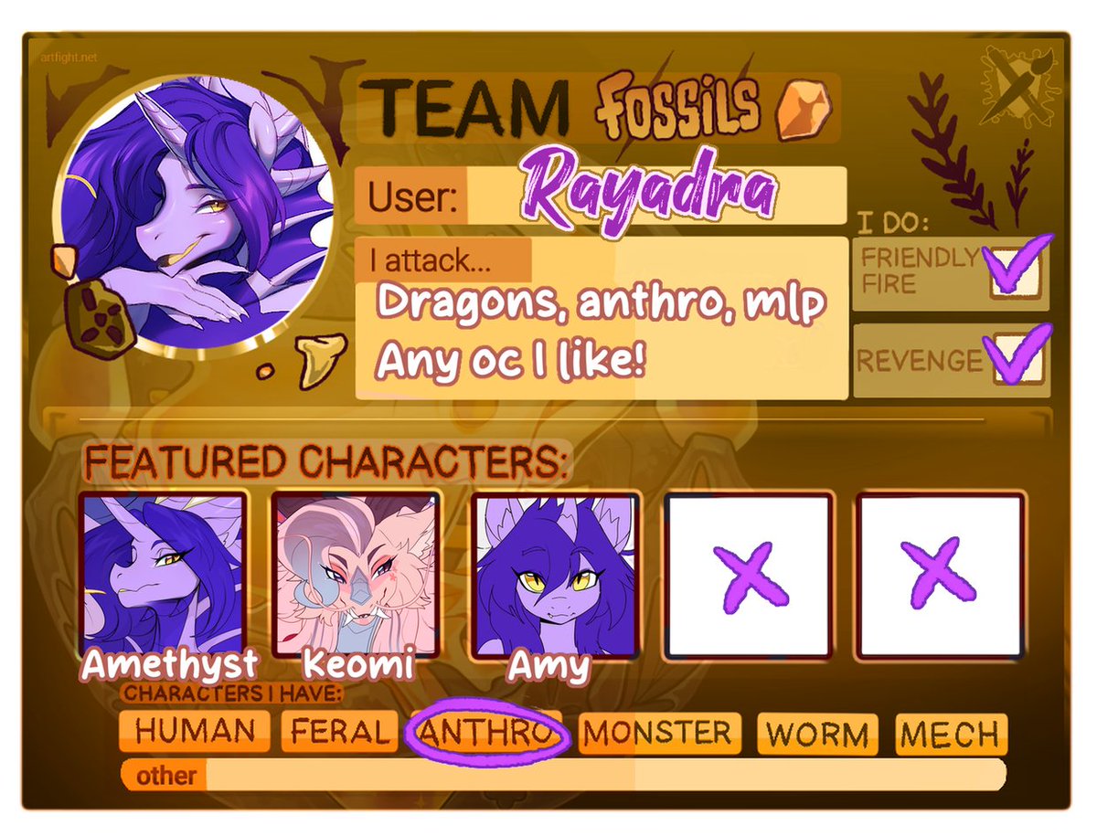 Artfight! I'm team dinosaurs🦴🦖 
artfight.net/~rayadra