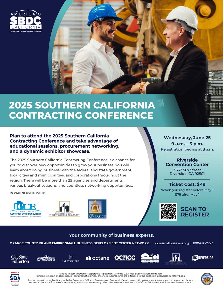 RivCoED is partnering and attending the 2025 Southern California Contracting Conference happening this Weds at the Riverside Convention Center! 
 
Stop by our booth to learn how we can support you. 

Register today at ociesmallbusiness.org/2025-southern-…
 
#RivCoNow #RivCoED