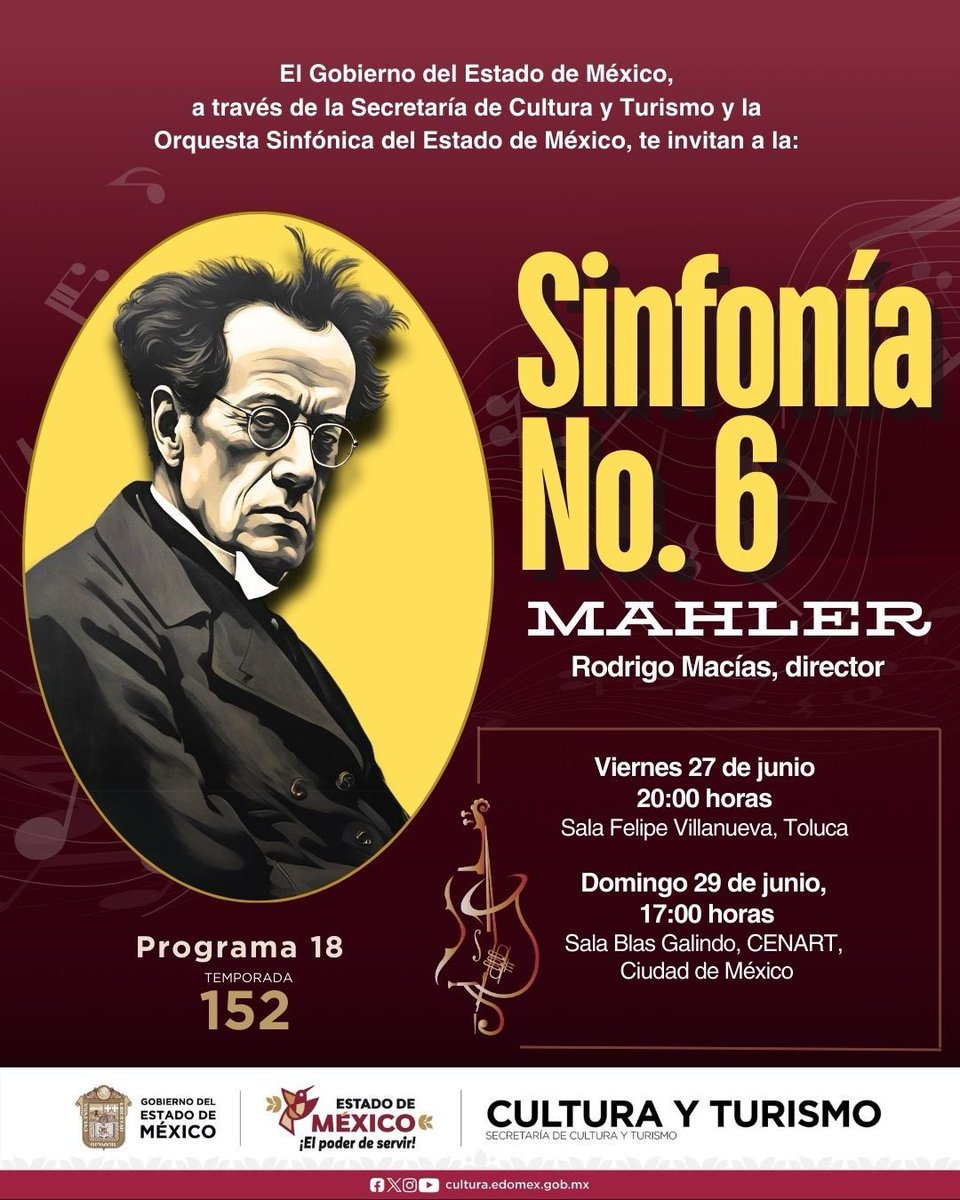 OSEMoficial's tweet photo. Bajo la batuta de Rodrigo Macías presentaremos un extraordinario #Programa18 en Toluca y la Ciudad de México este fin de semana.
Interpretaremos “Bolero” de Ravel y la imponente Sinfonía No. 6, “Trágica”, de Mahler.
Todas y todos invitados.
#ElPoderDeServir https://t.co/jbbUUeVEuR
