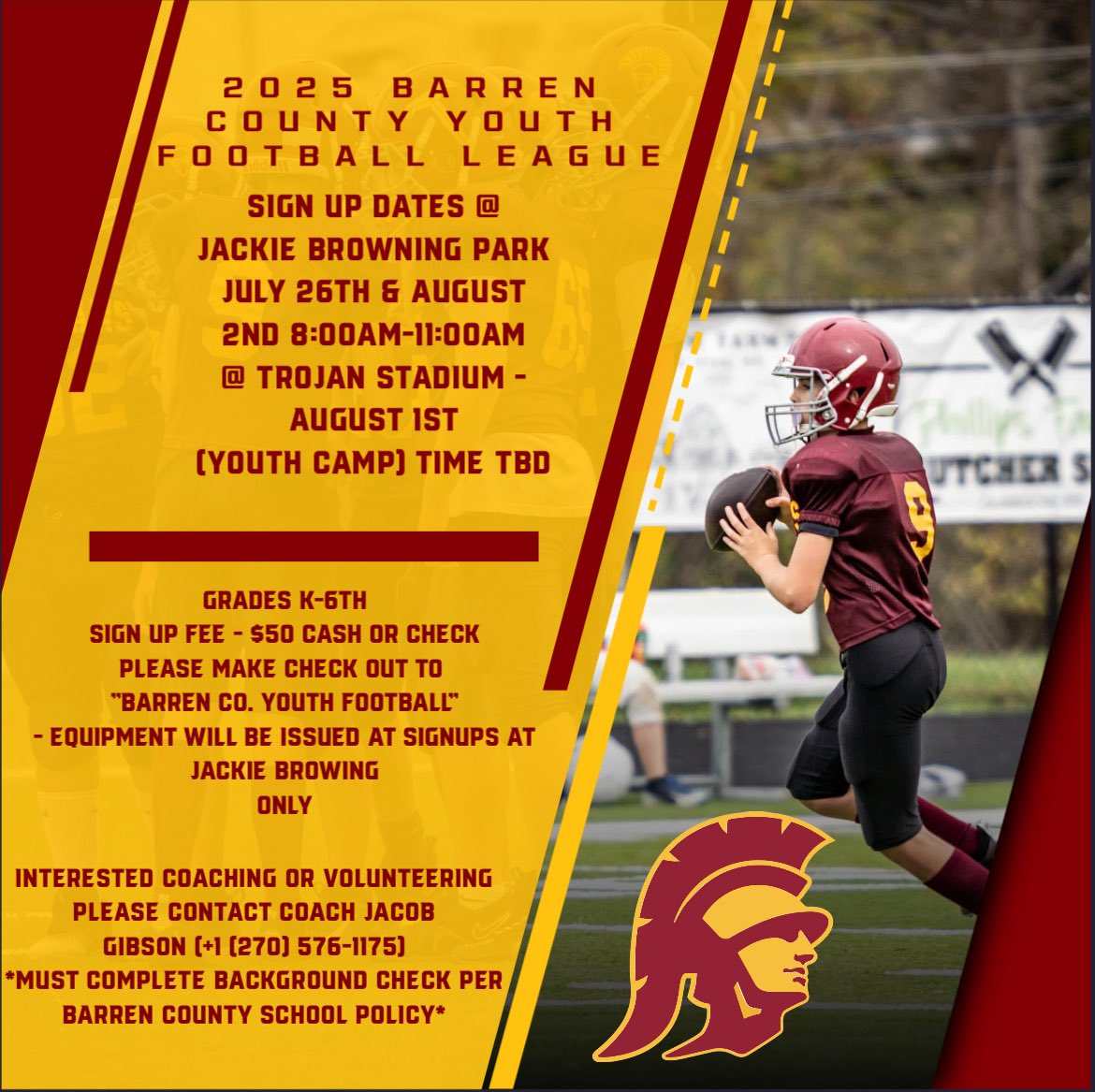 Youth football is quickly approaching, don’t miss out on our sign up dates listed!

July 26th and August 2nd @ Jackie browning 8-11AM

August 1st @ Trojan Field TBD