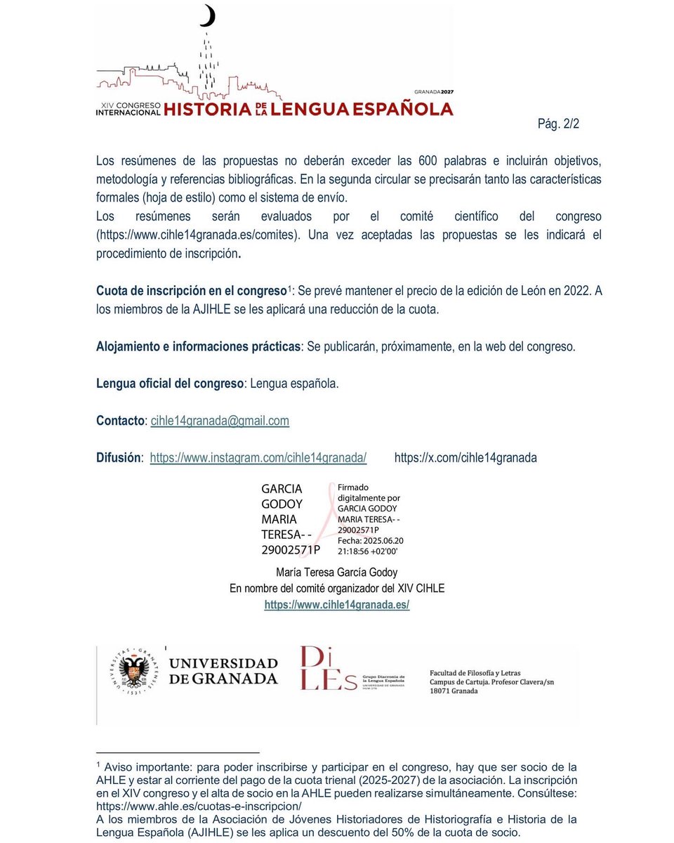cihle14granada's tweet photo. Primera circular, junio 2025  

Queridos colegas: 

Nos complace anunciar que ya está disponible la primera circular del XIV Congreso Internacional de Historia de la Lengua Española (CIHLE 14), que tendrá lugar en la Universidad de Granada, del 25 al 28 de enero de 2027. https://t.co/bBqw1nHsFq