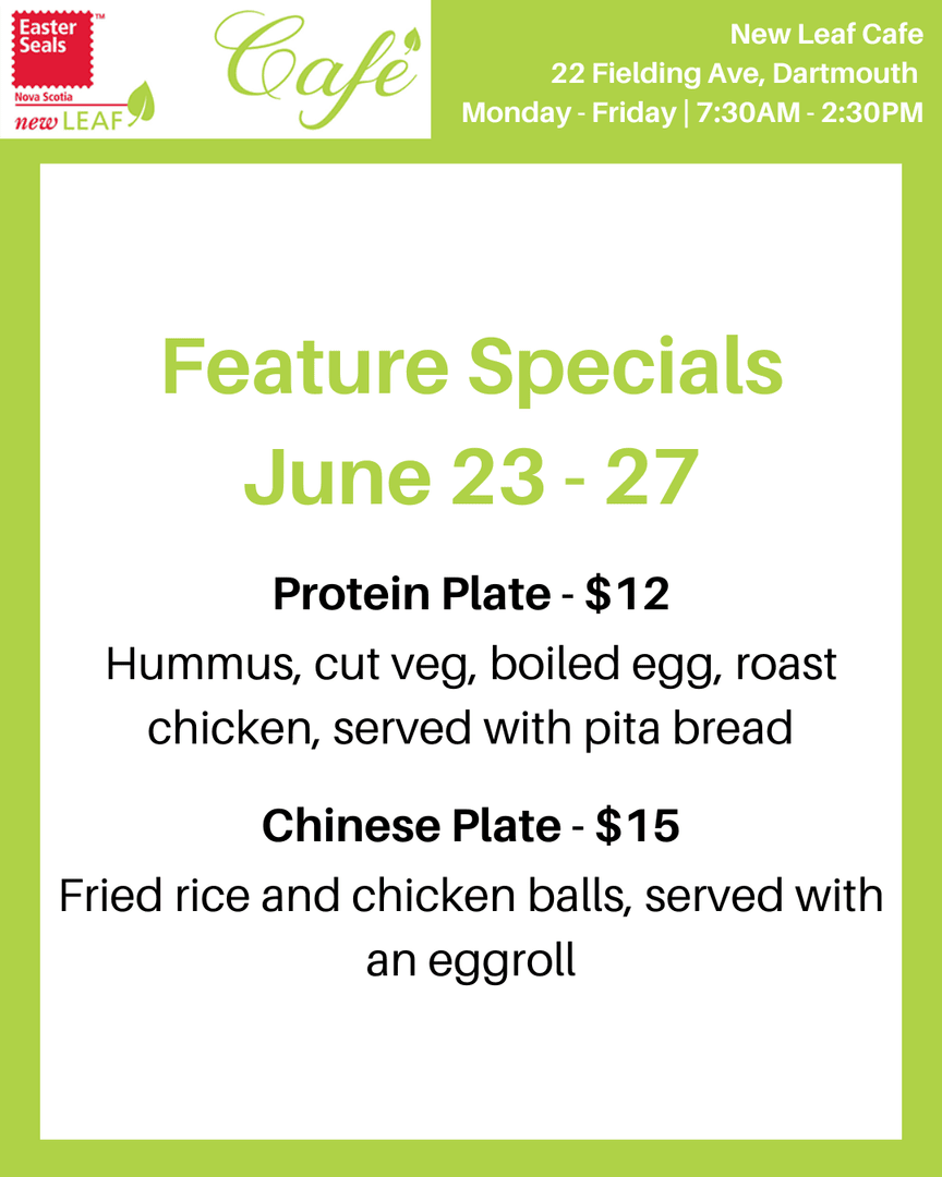 This week at New Leaf Café! 

Protein Plate - $12
Chinese Plate - $15 

🕐 Monday - Friday | 7:30 AM - 2:30 PM 
📌 22 Fielding Avenue, Dartmouth 
☎ Call 902-471-7215 to place your order

Thank you for supporting our social enterprise! 😊