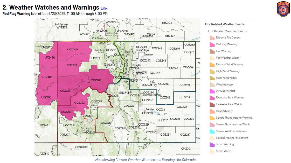 DFPC Fire Environment / Weather Brief
06/23/2025

Link to pdf of most recent brief:
bit.ly/DFPCFireEnvWxB…

Refer to the DFPC Intelligence Dashboard for in-depth fire environment and wildfire incident status tools:
bit.ly/DFPCWildfireSt…

#dfpc #dfpcfire
#FireYear2025
#cofire
