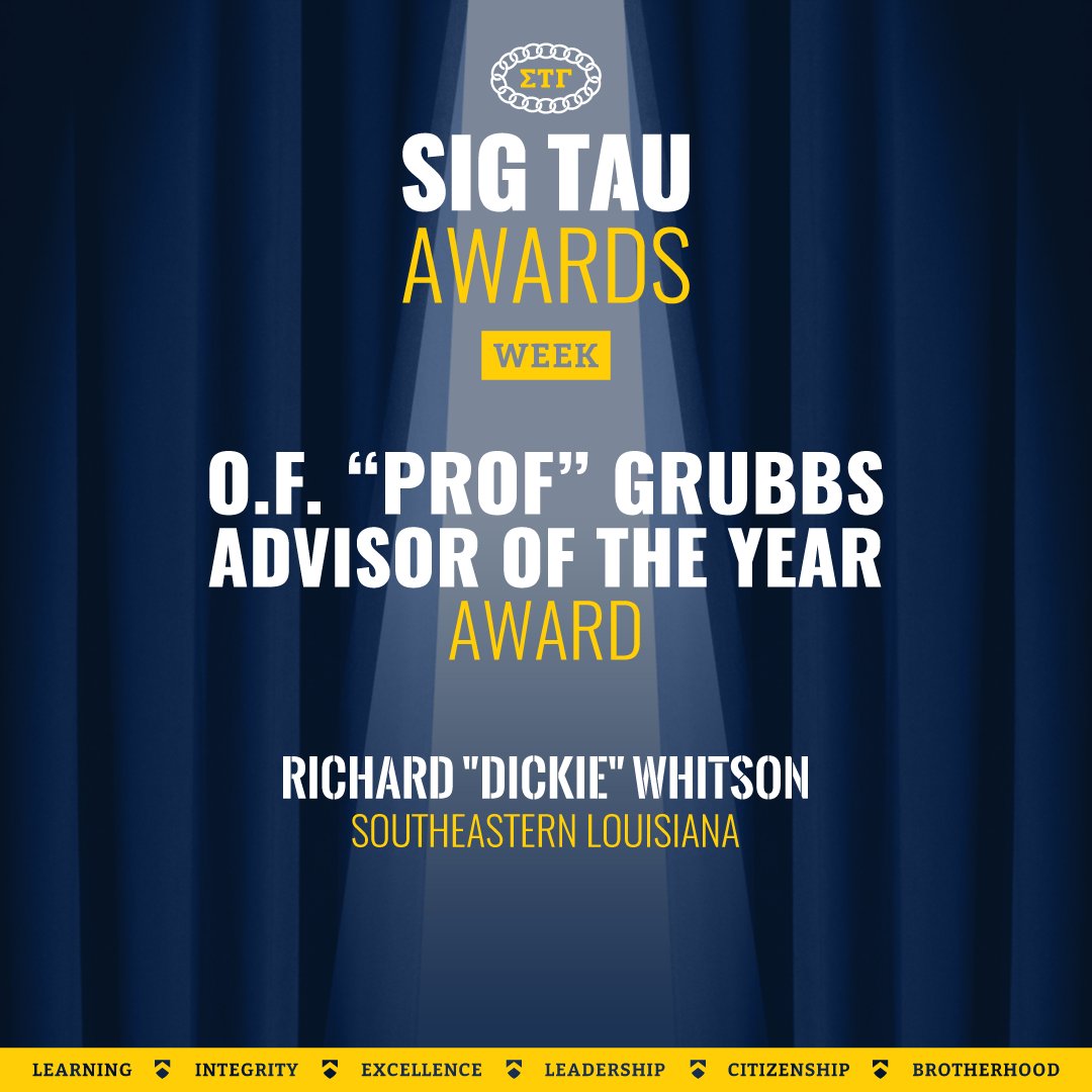 SigmaTauGamma's tweet photo. ๐ก๏ธThe O.F. โProfโ Grubbs Advisor of the Year Award goes to:
๐
Richard โDickieโ Whitson โ Southeastern Louisiana
Congratulations to Brother Whitson for receiving this honor and continuing to drive the chapter forward!
#SigTauAwards #NobleMen https://t.co/LaONn9Me9x