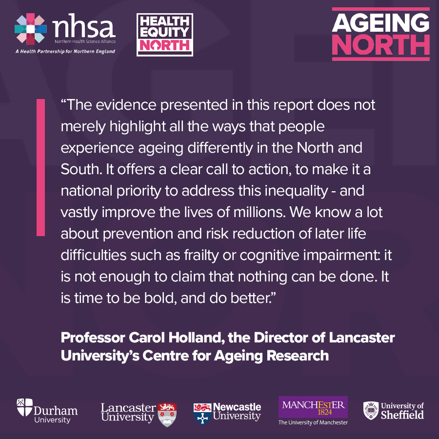 LancasterPress's tweet image. Professor Carol Holland from @IOELC @LancsDHR has co-authored the Ageing in the North report by @The_NHSA revealing that older people in the North of England are more likely to be poorer, less healthy, physically inactive, lonely and in poor housing