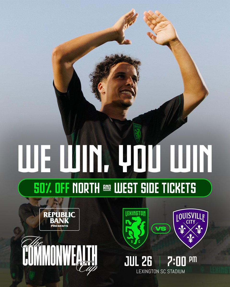 Lexington Sporting Club Men (@lexscmen) on Twitter photo In celebration of this weekend's victory, we're giving you 50% off select tickets in the north & west stands for our Commonwealth Cup clash against <a href="/loucityfc/">Louisville City FC</a> on July 26th - Presented by <a href="/RepublicBank/">republicbank</a> ‼️
Half off 🎟️ ➡️ bit.ly/4kOfXGI
#LexGo In celebration of this weekend's victory, we're giving you 50% off select tickets in the north & west stands for our Commonwealth Cup clash against <a href="/loucityfc/">Louisville City FC</a> on July 26th - Presented by <a href="/RepublicBank/">republicbank</a> ‼️
Half off 🎟️ ➡️ bit.ly/4kOfXGI
#LexGo