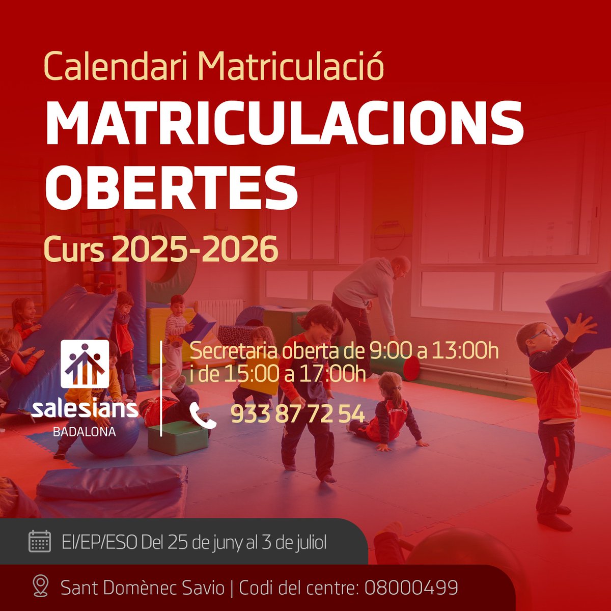 ✍️ CALENDARI DE MATRICULACIÓ

📢  Aquest dimecres, 25 de juny de 2025, s’inicia el període de matrícula per al curs 2025‑2026
👧🧒 Infantil, Primària i ESO

📅 Del 25 de juny al 3 de juliol

#SomFutur❎❤️🌍