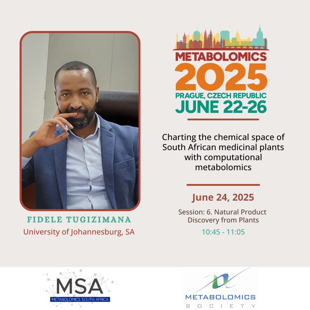 Catch #MetabolomicsSA President Dr. Fidele Tugizimana at #Metabolomics2025 “Charting the chemical space of SA medicinal plants”

Oral: 24 June | 10:45 - 11:05
Session 6: Natural Product Discovery from Plants

#AfricanScience #DrugDiscovery #GNPS