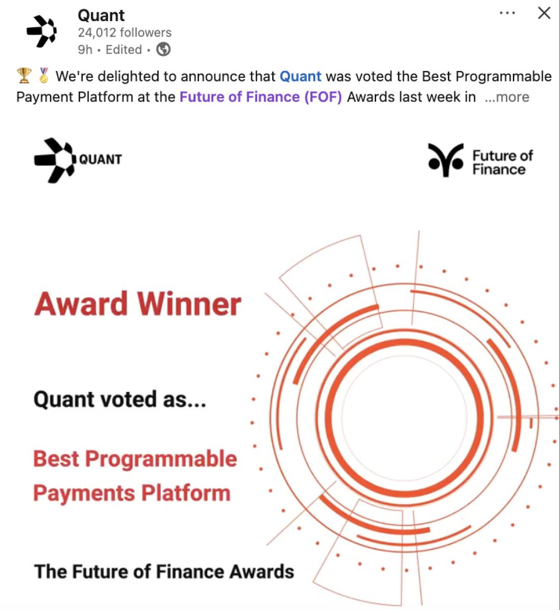 Tokenicer's tweet photo. $QNT being crowned the Best Programmable Payments Platform sure has a nice ring to it👑

• UK Regulated Liability Network
• Oracle Blockchain Platform
• Quant Flow + Overledger Fusion
• Bank of England RTGS Renewal
• Digital Euro Partner

Safe to say they're QUITE deserving of this award.

Reminder that winners of other respective awards included names like Visa, Circle, JP Morgan.

In other words... All multi billion dollar financial giants

Quant is in good company these days😎
