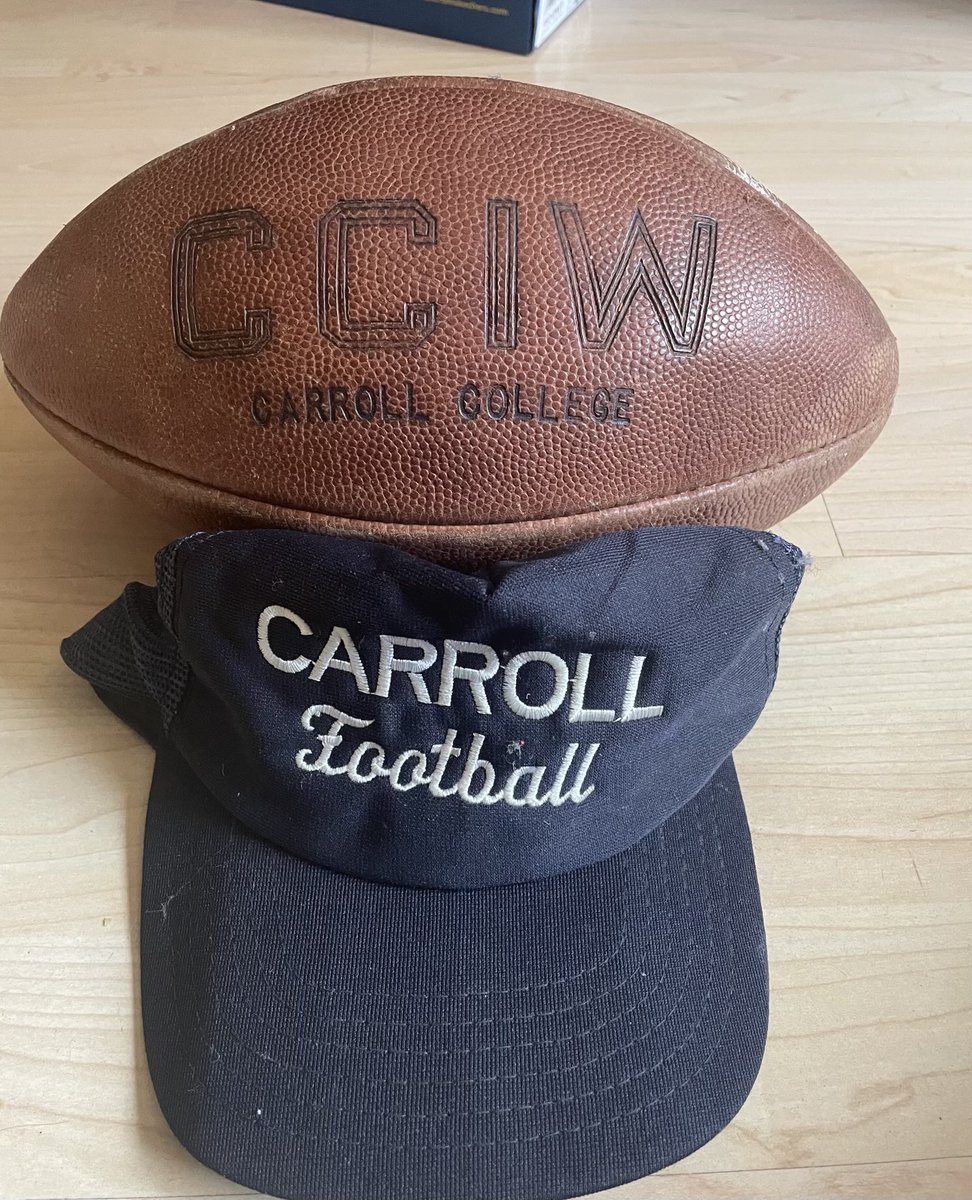 ⁦<a href="/piofootball/">Carroll U Football</a>⁩ …doing some closet cleaning today and found these gems from 1988!  Game ball from the big win Vs Auggie when they were #1 and a Coach Merle Masonholder hat!  Great memories