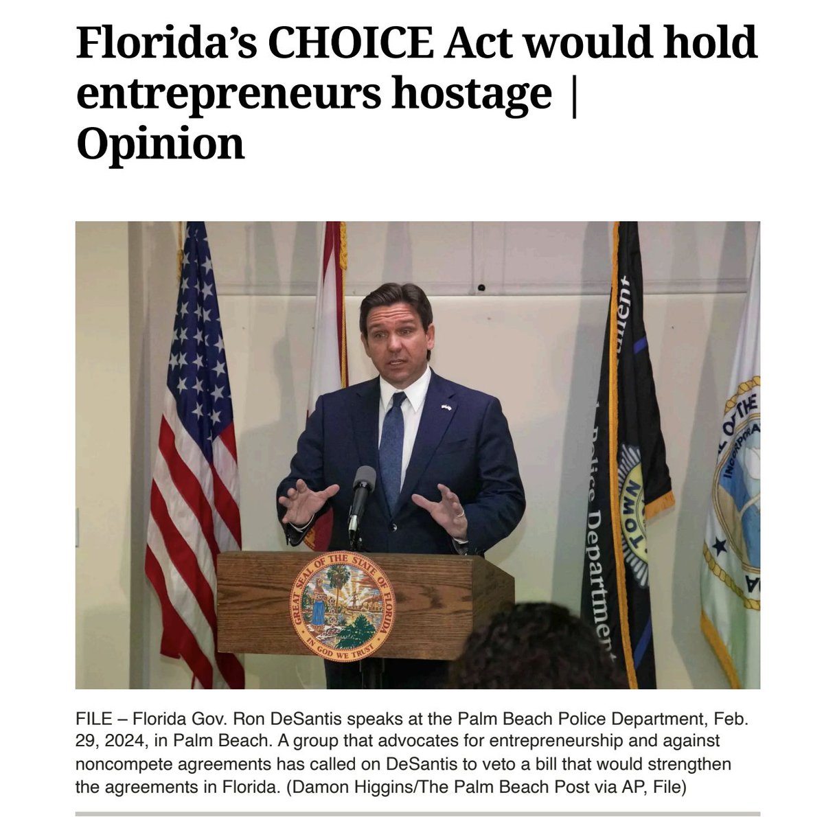 SpeakSamuel's tweet image. .@RonDeSantis has a bill on his desk that would allow employers to enforce noncompetes against workers for 4 years and eliminates requirements that employers prove legitimate business interests to use them. I wrote why he should veto in the @SunSentinel. sun-sentinel.com/2025/06/01/flo…