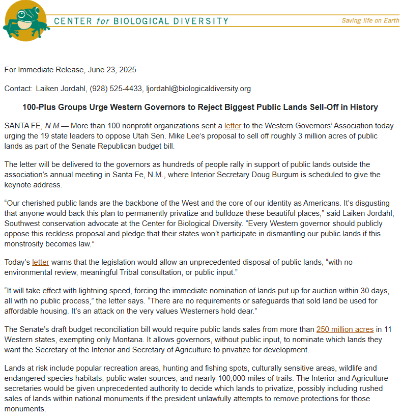 LaikenJordahl's tweet photo. PRESS RELEASE: We're proud to lead more than 100 groups urging Western Governors to reject the biggest public lands sell-off in history.

Governors' annual meeting is today in Santa Fe. We call on each and every governor to publicly oppose the sell-off before the meeting ends. https://t.co/OzytJIyFzC