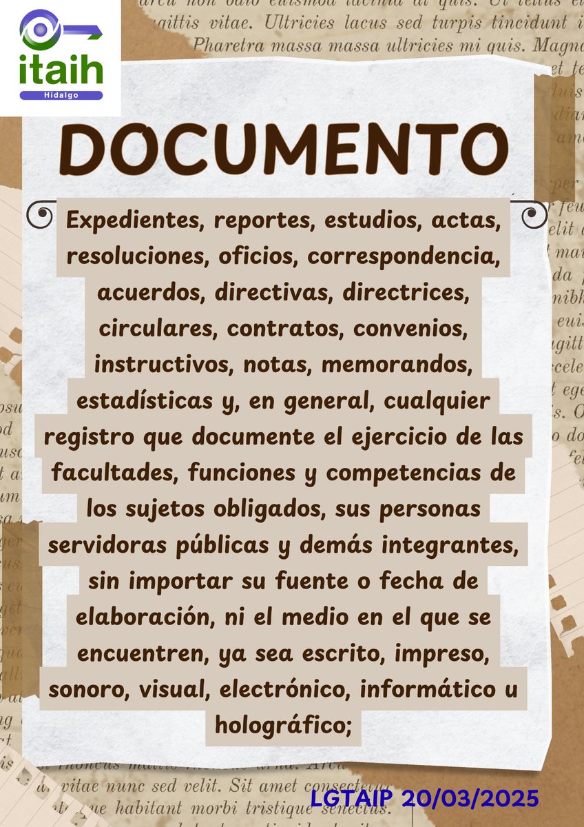 De acuerdo a la LEY GENERAL DE TRANSPARENCIA Y ACCESO A LA INFORMACIÓN PÚBLICA (LGTAIP) un documento son los expedientes, reportes, estudios, actas, resoluciones, oficios, correspondencia, acuerdos  y en general, cualquier registro que documente.
diputados.gob.mx/LeyesBiblio/re…