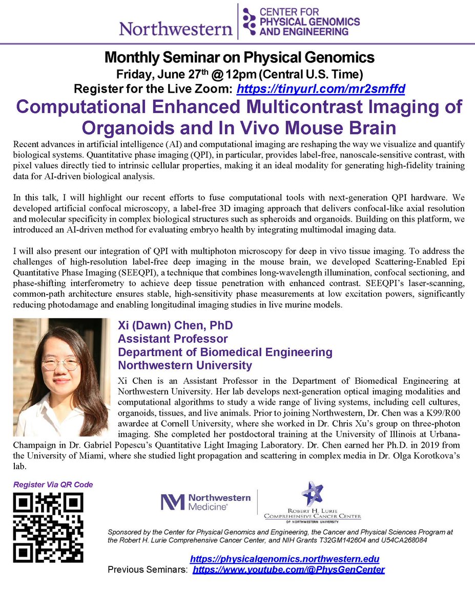 PhysGenCenter's tweet image. This Friday June 27 @ 12pm CT, Xi (Dawn) Chen presents the Monthly Seminar on Physical Genomics: Computational Enhanced Multicontrast Imaging of Organoids and In Vivo Mouse Brain
Live on Zoom, register at tinyurl.com/mr2smffd
#imaging #northwestern #biology #AI #microscopy