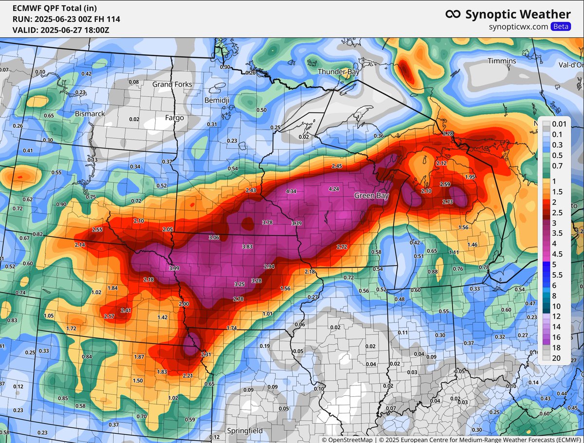 SynopticWX's tweet image. Widespread heavy rainfall is expected this week throughout the east/central Plains and Upper Midwest. Several locations receiving multiple inches of rainfall. #agwx