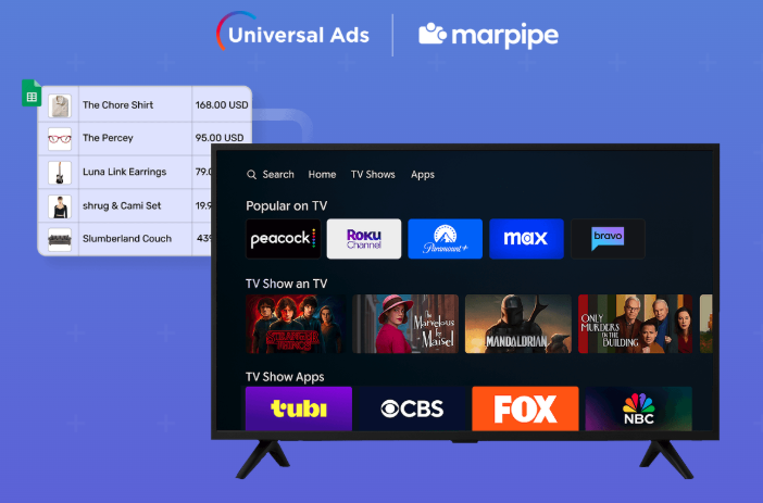Marpipe (@marpipe_hq) on Twitter photo Major announcement 🚀
Marpipe is partnering with <a href="/Universal_Ads/">Universal Ads</a> to bring catalog ads to streaming TV.
It's the first-ever catalog ad solution for the biggest screen in your house.
This is a breaking new capability, on top-tier ad inventory that is pure performance focused. Major announcement 🚀
Marpipe is partnering with <a href="/Universal_Ads/">Universal Ads</a> to bring catalog ads to streaming TV.
It's the first-ever catalog ad solution for the biggest screen in your house.
This is a breaking new capability, on top-tier ad inventory that is pure performance focused.