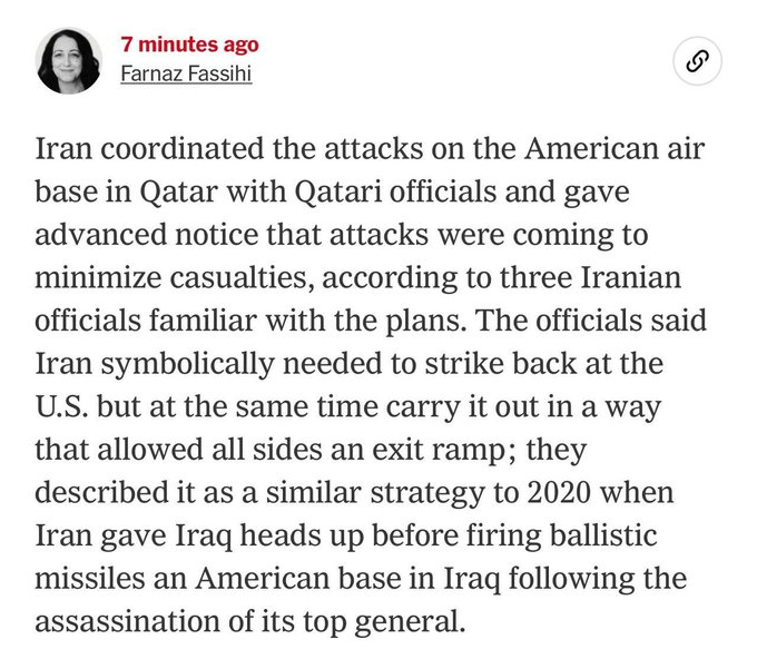 ritika_dhankhar's tweet photo. The New York Times: #Iran coordinated the attack on the American base AI Udeid Air Base with Qatar.
#IranIsraelConflict #IsraelIranConflict #IsraeliranWar #USAirForce https://t.co/KM6JU88FFY