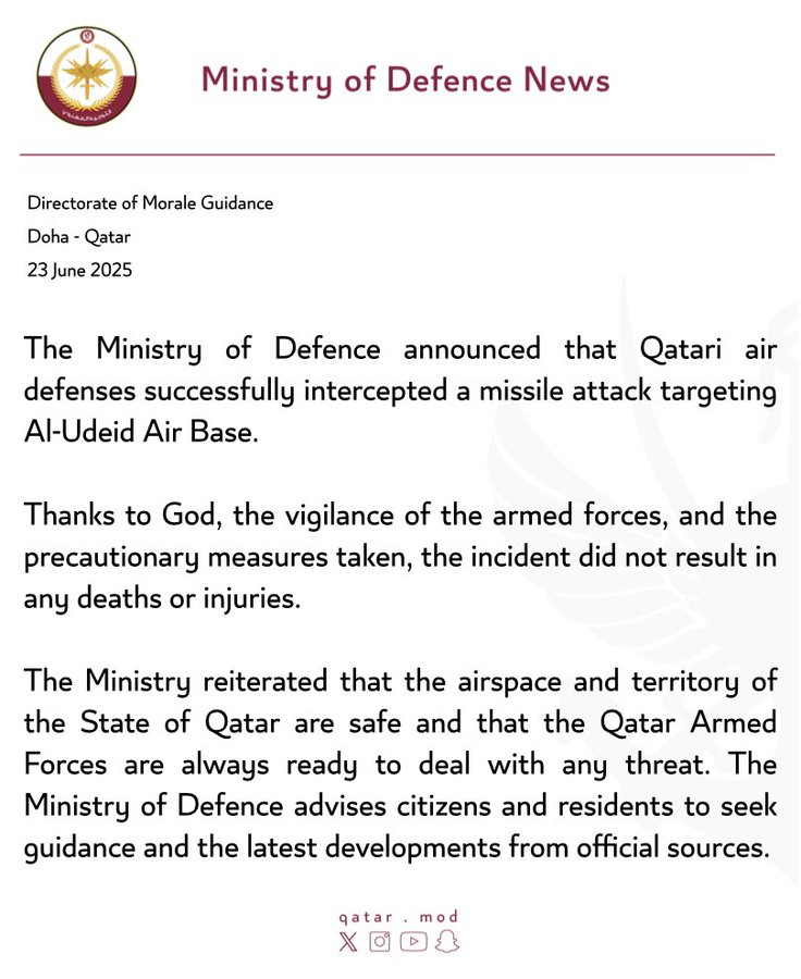 Qatar's Ministry of Defence announced that Qatari air defences successfully intercepted a missile attack targeting Al-Udeid Air Base.

#Iran #Qatar