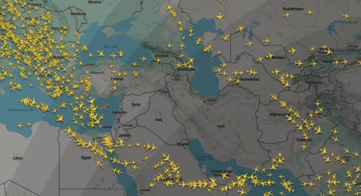 Wow, Right now on Flightradar24.com

There isn't a passenger or commercial flight anywhere over Israel, Iraq, Jordan, Kuwait, Iran. 

Like we said, this is going to get worse before it gets better.
