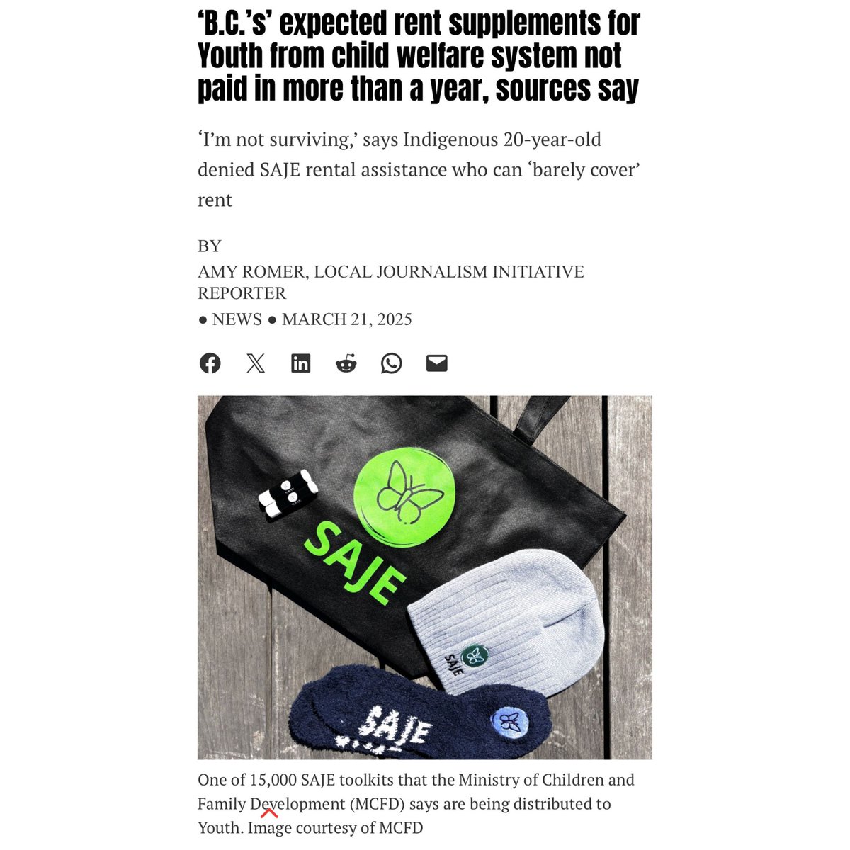 ClaireRattee's tweet image. “I can barely cover rent.”
That’s the reality for youth aging out of government care in B.C.—and the province is failing them.
The SAJE program promised hope.
Instead, it delivered socks, pamphlets, and broken promises.
SAJE promised up to $600/month for rent, up to 2 years of…