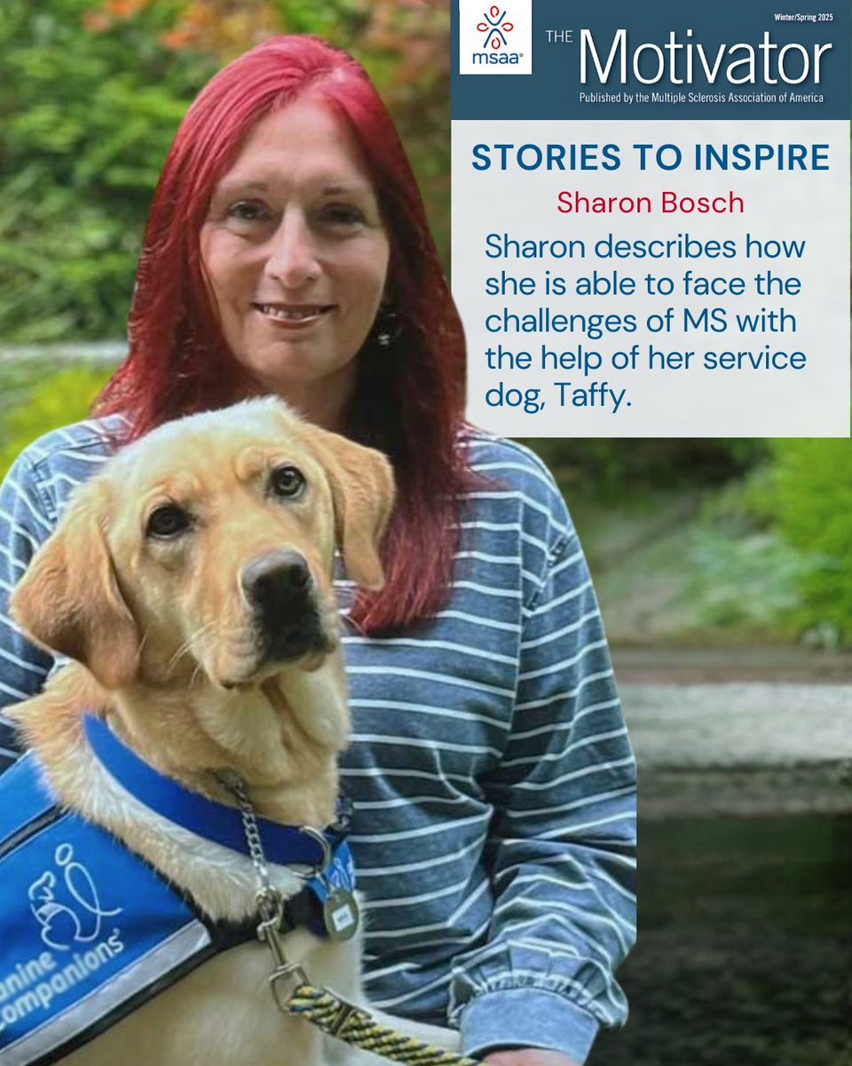 MSassociation's tweet image. “I’ve been given a new lease on life. Taffy and I are ready every day… and we face the challenges together.”🐾 

In MSAA&apos;s latest edition of The Motivator, we highlight Sharon Bosch in &quot;Stories to Inspire.&quot; Read her piece by visiting: mymsaa.org/publications/m…