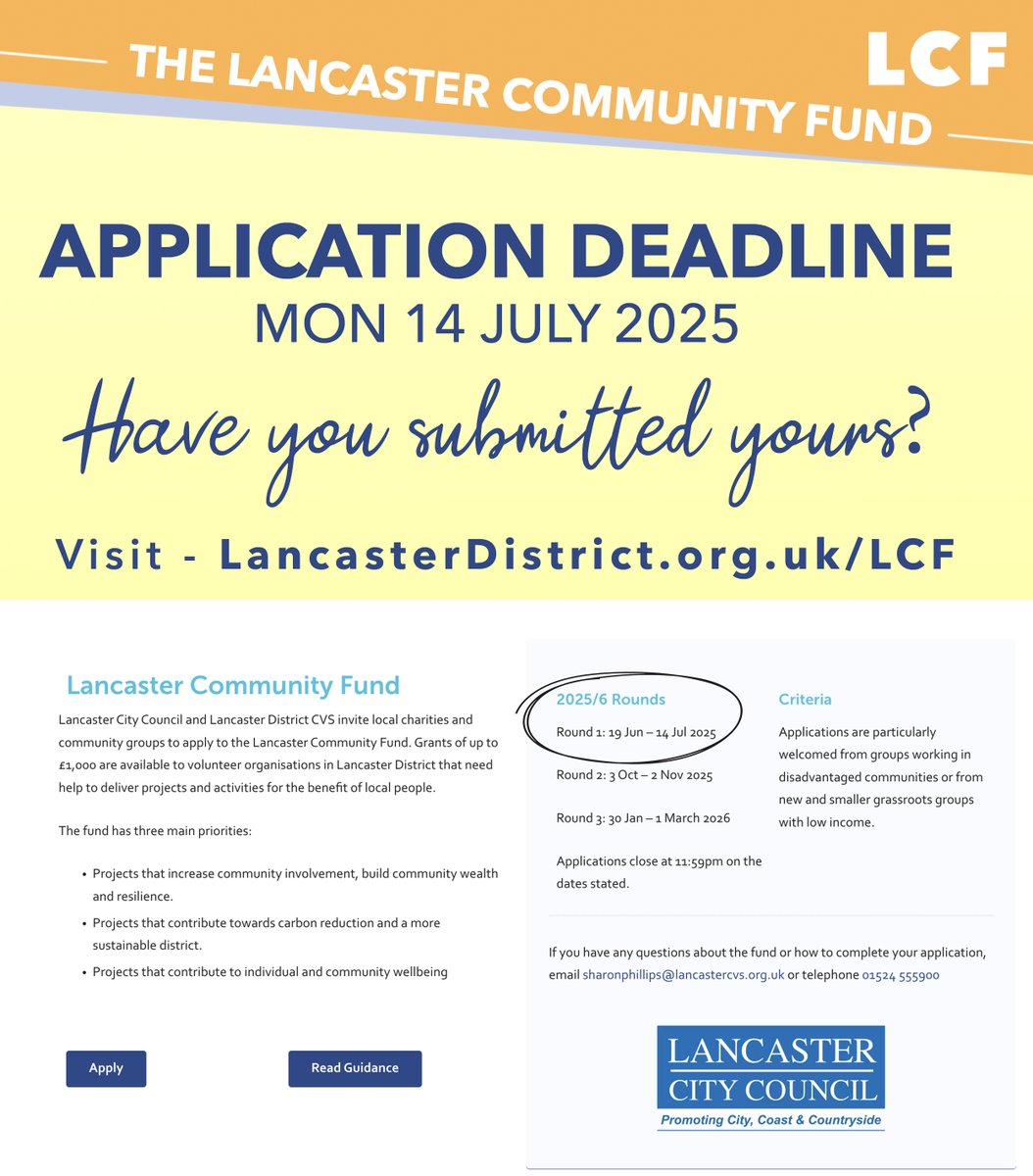 💷 Up to £1,000 available for local groups!
Lancaster Community Fund supports projects that:
🌱 Build resilience 🌍 Cut carbon 😊 Boost wellbeing
🗓️ Apply by 14 July 2025 
👉 lancastercvs.org.uk/lcf #LancasterDistrict #CommunityFunding