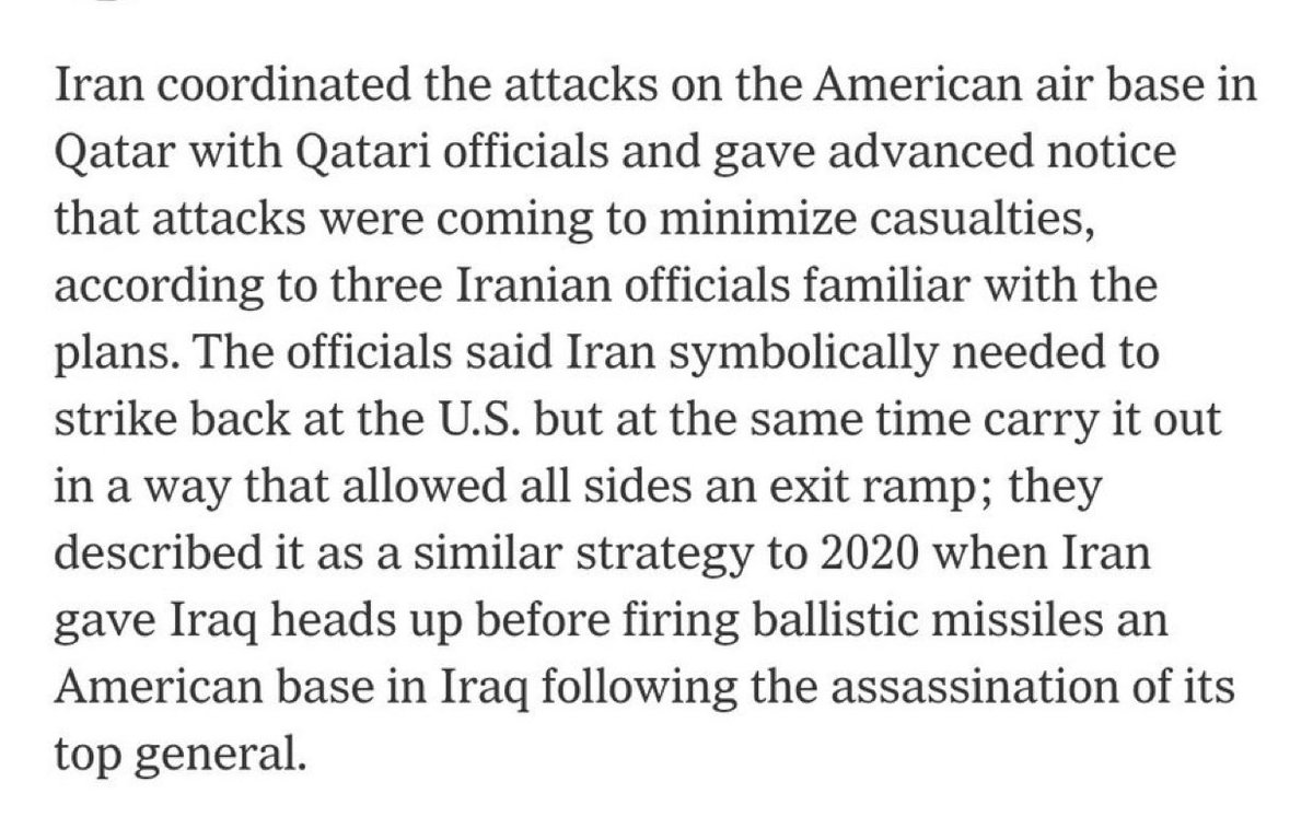 .<a href="/nytimes/">The New York Times</a> reports— Qatar was told about incoming “symbolic attack”. This is a potential “off ramp”. 

#Qatar #Iran #IranIsraelConflict #IsraelIranConflict #IsraeliranWar