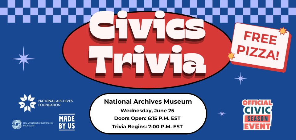 The Civic Trust® (@civicsbuzz) on Twitter photo Don't miss out on a chance to flex your civics knowledge! Join the <a href="/archivesfdn/">National Archives Foundation</a> this Wednesday, June 25, for an exciting night of fast-paced civics trivia, inspired by the #NationalCivicsBee: archivesfoundation.org/events/civics-… Don't miss out on a chance to flex your civics knowledge! Join the <a href="/archivesfdn/">National Archives Foundation</a> this Wednesday, June 25, for an exciting night of fast-paced civics trivia, inspired by the #NationalCivicsBee: archivesfoundation.org/events/civics-…