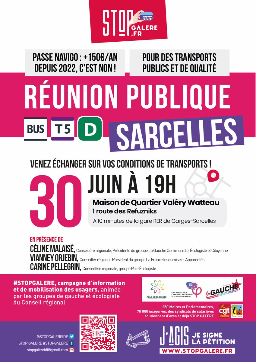 🔴 STOP À LA GALÈRE DANS LES TRANSPORTS !

Réunion publique à Sarcelles

🗓️ RDV 30 juin 19h
📍 Maison de quartier Valéry Watteau

En présence notamment de : 

🚌 <a href="/CelineMalaise/">Céline Malaisé</a> <a href="/GaucheComIDF/">La Gauche communiste écologiste et citoyenne</a> 

 🚇 <a href="/vianneyorjebin/">Vianney Orjebin</a> <a href="/GroupeLFI_A/">Groupe LFI-A | Conseil régional IDF</a> 

🚊 <a href="/CarinePELEGRIN/">Carine PELEGRIN</a> <a href="/PoleEcolo_IDF/">Pôle Écologiste IDF</a> 

#STOPGALERE