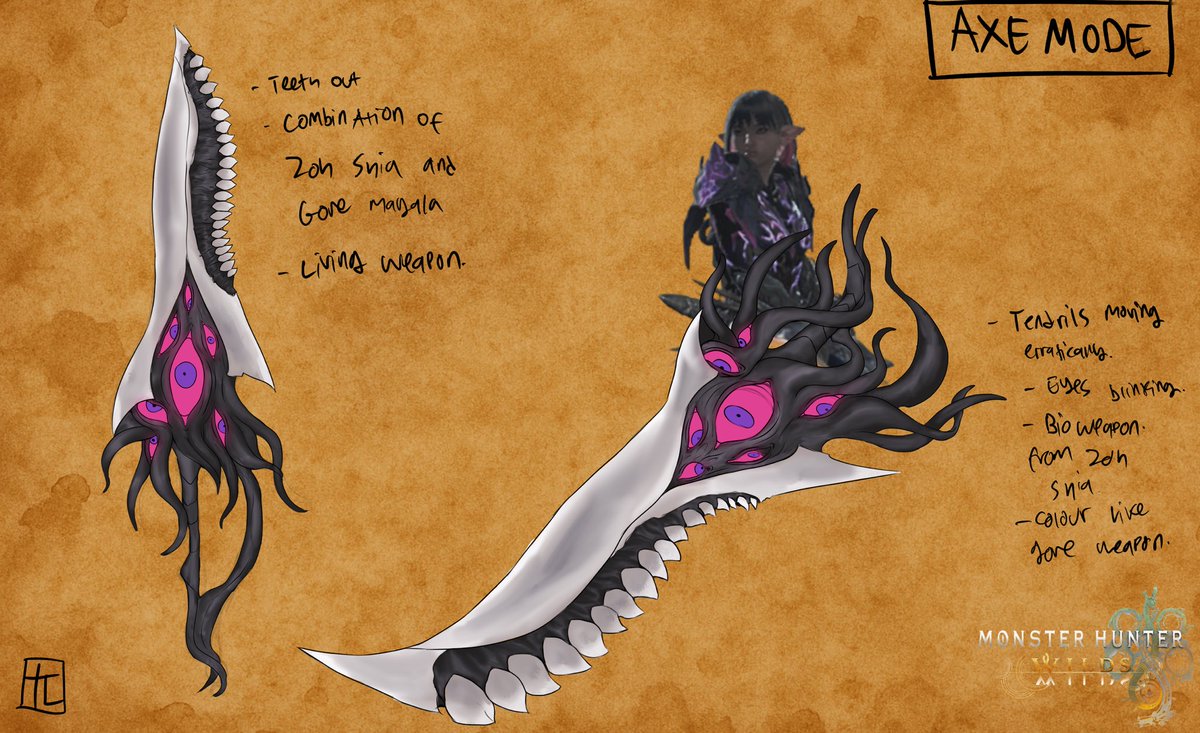 TempuraLiciouss's tweet photo. #MonsterHunterWilds #MHWilds #weaponentry my chargeblade entry for mhwild weapon design @monsterhunter , chargeblade weapon utilizing zoh shia regenerative tissue and balanced out by weakening them with frenzy virus from gore magala. Prepetual life and death keeping sharp edge. https://t.co/q54nA7bqMm