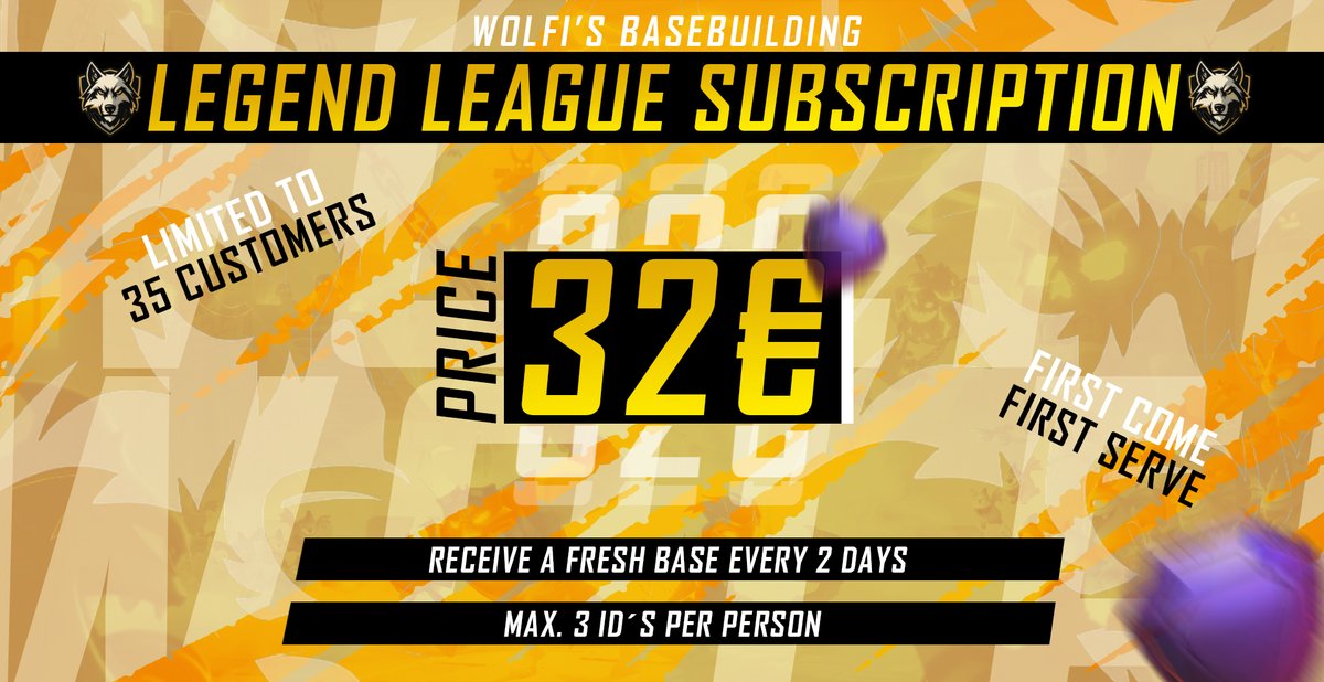 🚨 LEGEND LEAGUE SUBSCRIPTION – NOW AVAILABLE! 🚨
Only 35 spots – First come, first serve! 🏃‍♂️🔥

💥 Fresh base every 2 days
💥 Only 32€/month
💥 Max 3 accounts per person!

📌 Exclusive, limited, and powerful – grab your subscription before it's gone!

➡️discord.gg/c9dJMKESXE