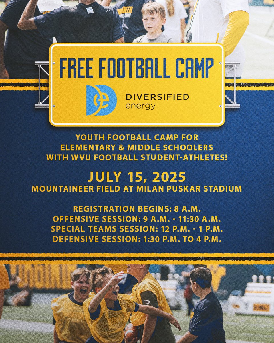 Diversified Energy (@div_energy) on Twitter photo We’re excited to once again team up with <a href="/WVUfootball/">West Virginia Football</a> to host a free football camp! 🏈 Kids will get moving, have fun, and pick up tips from WVU players during this one-day event.
📅 July 15
📍 Milan Puskar Stadium
Register now: app.wvusports.com/2025-diversifi… We’re excited to once again team up with <a href="/WVUfootball/">West Virginia Football</a> to host a free football camp! 🏈 Kids will get moving, have fun, and pick up tips from WVU players during this one-day event.
📅 July 15
📍 Milan Puskar Stadium
Register now: app.wvusports.com/2025-diversifi…